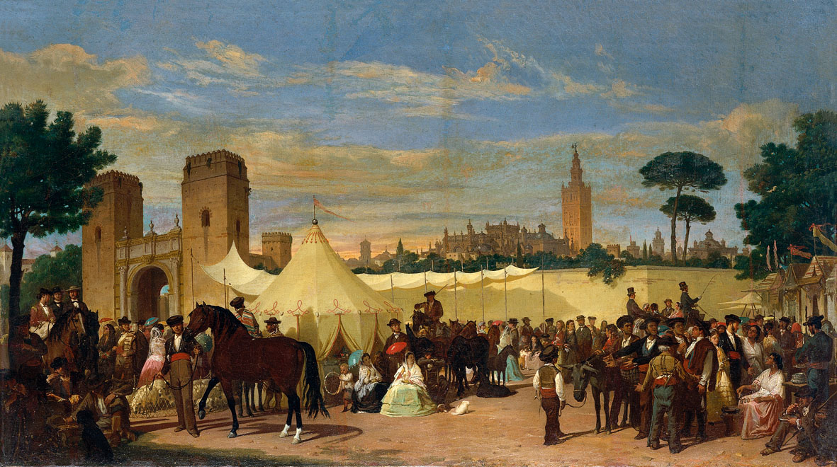 pintura de la feria de abril con una de las primeras casetas de Sevilla